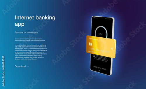 Internet banking app. Mobile phone payment with NFC technology and High level payment security. Wireless cash transaction technology and money storage. Wallet with cards UI App and E-payment. Vector