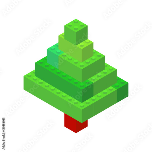 Isometric tree on a white background made of colored plastic blocks. The children s designer. Vector illustration.