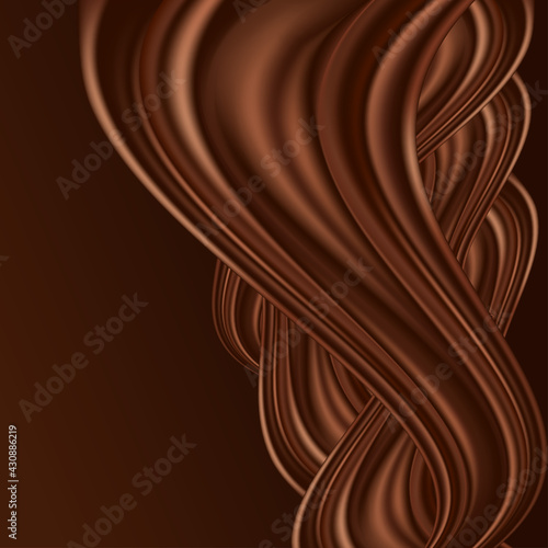 Chocolate wavy background. Twisted chocolate swirl  with smooth silk texture. Dark brown color flow. For poster or banner decoration. Vector illustration
