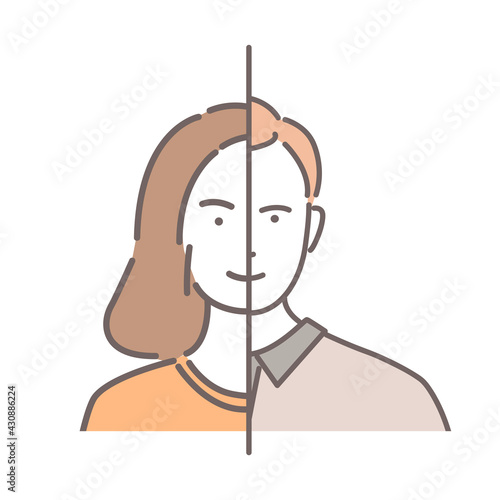 Gender Identity vector cartoon outline illustration isolated on white background. Half woman and half man face portrait. Two halves on the whole person, transgender, gender differences concept.