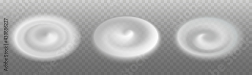 Cream swirl splash. Milk foam, mousse, whipped cream. Soft  milky realistic  texture. Set of isolated icons on transparent background. Vector illustration