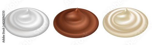 Whipped cream, chocolate mousse, mayonnaise. Set of swirl splashes. Creamy realistic texture. Isolated icons. Vector illustration