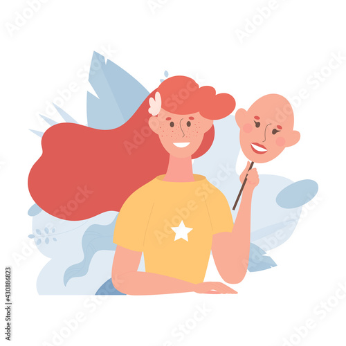 Happy smiling woman taking off her mask vector flat illustration. Female character refusing decorative cosmetics in favor of natural beauty. Body positive, beauty diversity concept.