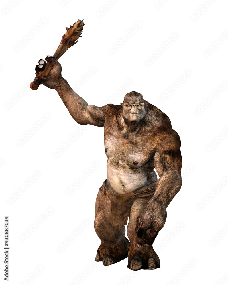 3D rendering of a huge fantasy troll swinging a club weapon isolated on white. 3D rendering of a huge fantasy troll swinging a club weapon isolated on white.