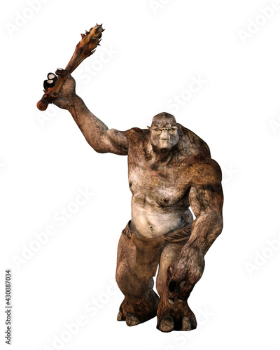 3D rendering of a huge fantasy troll swinging a club weapon isolated on white.