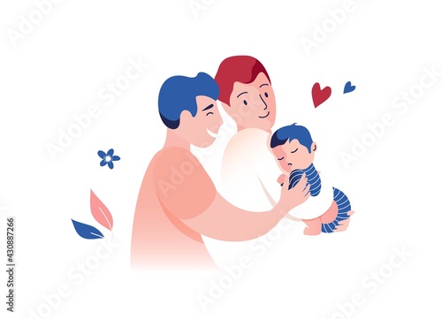Vector Illustration Of Happy Gay Male Couple Holding Adopted Baby Son In Arms. Lesbian and Gay Parents concept.