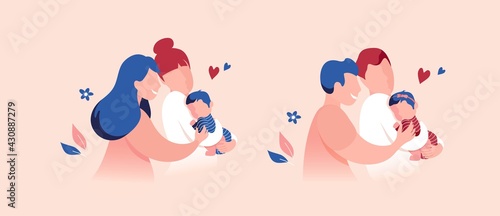 Vector Illustration Of Happy Gay Male and Female Couples Holding Adopted Babies In Arms. Lesbian and Gay Parents concept.
