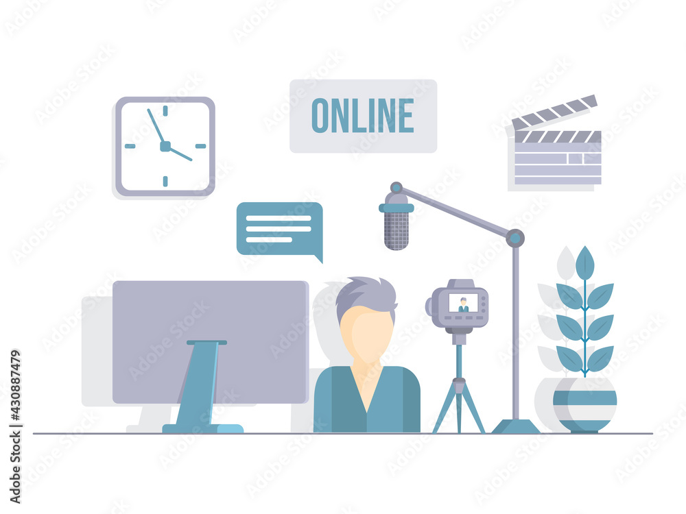 Radio, TV host, or blogger recording program, vlog, or podcast vector flat illustration. Man streaming, speaking on video camera, making content for internet blog, channel, social media. Radio, TV host, or blogger recording program, vlog, or podcast vector flat illustration. Man streaming, speaking on video camera, making content for internet blog, channel, social media.