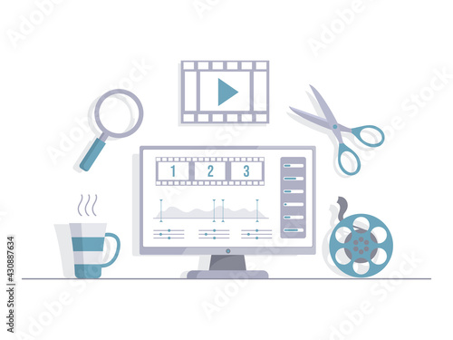 Computer screen with video editor vector flat illustration. Video cutting and editing software. Making content for internet, video, audio blogs, podcasts, or movies. Streaming service concept.