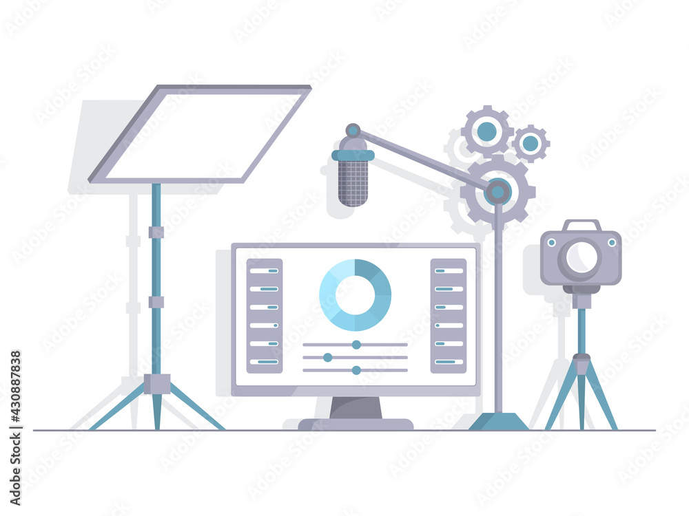Obraz premium Recording studio vector flat illustration. Light screen, microphone, video camera for making audio or video content, streaming. Studio for bloggers, TV, or radio hosts. Social media concept.