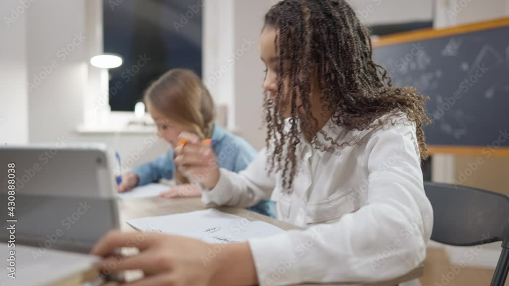 Side view of absorbed African American smart girl writing in workbook sitting in classroom with Caucasian classmate at background. Intelligent confident schoolgirls studying in junior high school Side view of absorbed African American smart girl writing in workbook sitting in classroom with Caucasian classmate at background. Intelligent confident schoolgirls studying in junior high school
