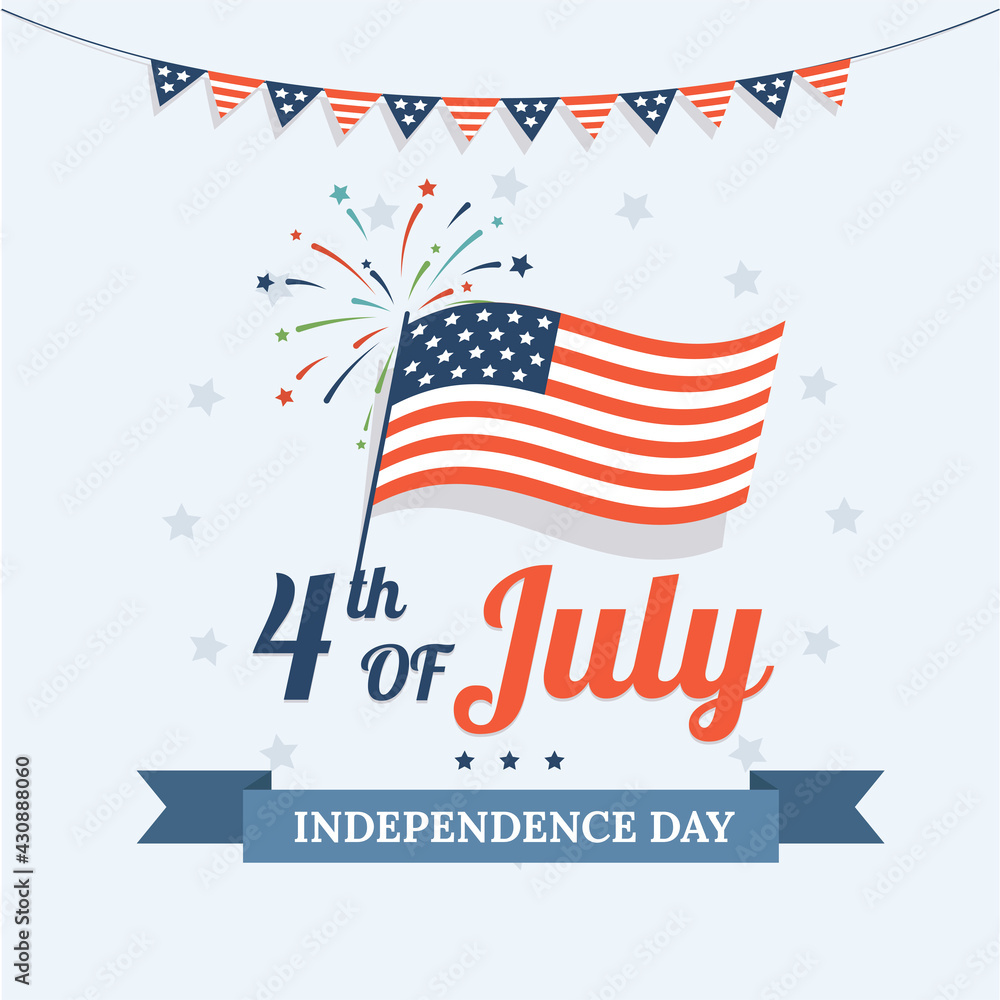 Independence Day of United States of America bright banner template. Celebrating happy 4th of July vector flat poster design. Advertising flyer with the USA waving flag, stars and fireworks.