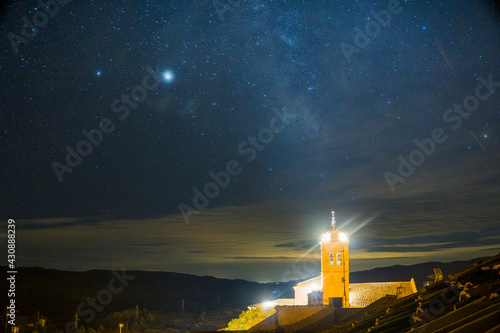 Murillo de Gallego village in Huesca Aragon Spain on August 18, 2020 The church tower and stars