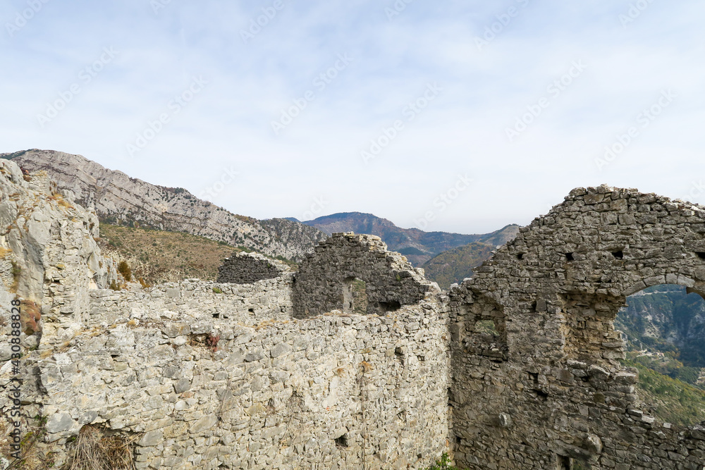 Ruins of Rocca Sparviera, a ghost village located in the Alpes-Maritimes, France