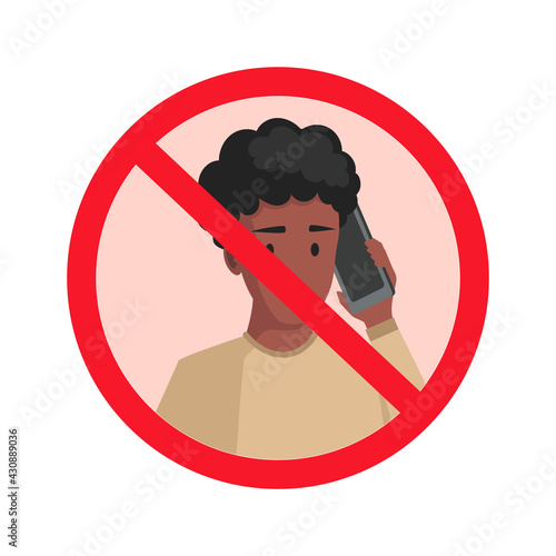 Speaking mobile phone is prohibited vector flat illustration isolated on white background. Young male character holding smartphone and speaking concept in crossed out red circle.