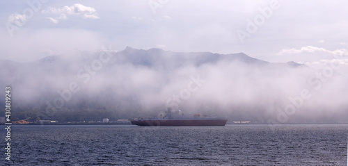 Ship in fog offshore Port Angeles  Washington