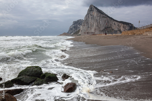 View of Rock of Gibraltar from the beach of La Linea, Spain