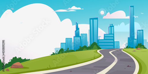 Vector of a winding road leading to a big city. Banner with empty place for text. High-rise buildings, business center. Cartoon style track. Isolated on white background fun clipart.