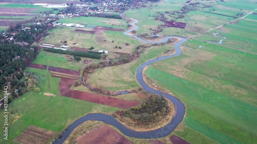 Aerial drone 4k footage of River Liwiec near Paplin and Borzychy villages, Wegrow County in Poland, 4k video photo