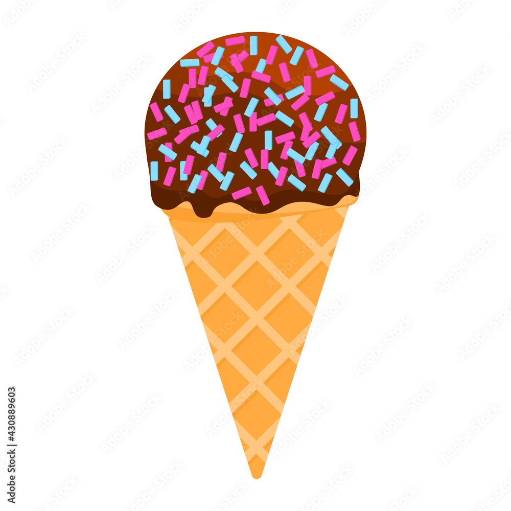 Waffle cone with chocolate ice cream in icing with sprinkles Waffle cone with chocolate ice cream in icing with sprinkles