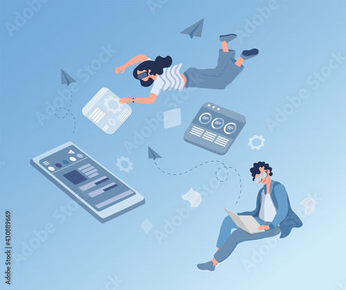 Man and woman in virtual glasses working and surfing on the internet, touching interface and settings vector flat illustration. Modern technologies concept. People spending time in virtual reality.