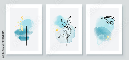 Teal and Peach Abstract Watercolor Compositions. Set of soft color painting wall art for house decoration or invitations. Minimalistic background design. Vector wall art plants in minimalist style.