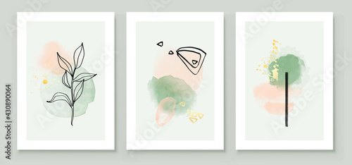 Teal and Peach Abstract Watercolor Compositions. Set of soft color painting wall art for house decoration or invitations. Minimalistic background design. Vector wall art plants in minimalist style. © great_bergens