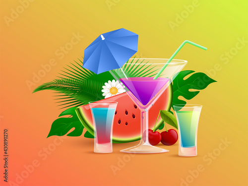 Summer colorful cocktails with straw and cocktail umbrellas vector cartoon illustration. Tropical leaves, sliced watermelon, and cherries. Refreshment alcoholic drinks in restaurant or bar glassware.