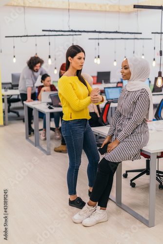 Portrait of two African American businesswomen talking to each other while standing in a modern business office with their colleagues, coworkers in the background. Multi-ethnic society..