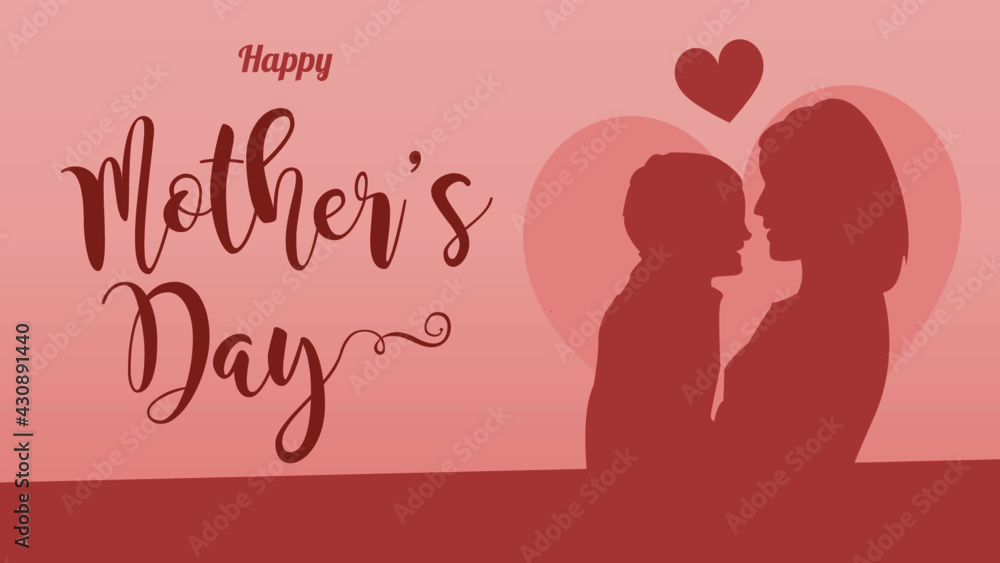 Mother's day postcard with mother and son, and pink background. Vector symbols of love in shape of heart. Mother's day postcard with mother and son, and pink background. Vector symbols of love in shape of heart.