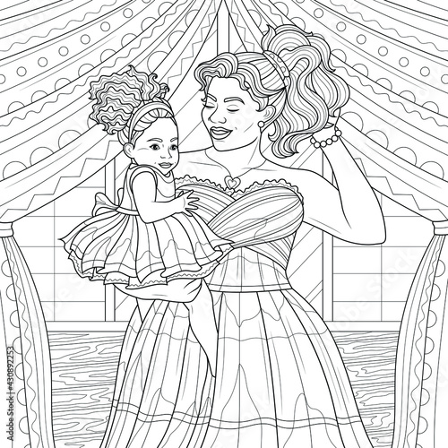 Mom holds her daughter in her arms.Coloring book antistress for children and adults. Illustration isolated on white background.Zen-tangle style. Hand draw