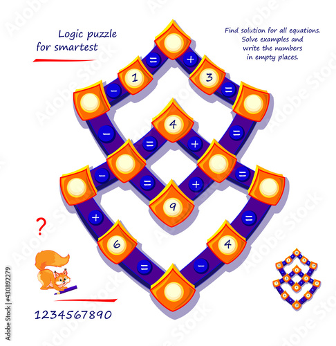 Mathematical logic puzzle game for smartest. Find solution for all equations. Solve examples and write numbers in empty places. Page for brain teaser book. Play online. Memory training for seniors.