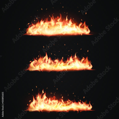 Realistic fire flames, Burning icons on transparent black background