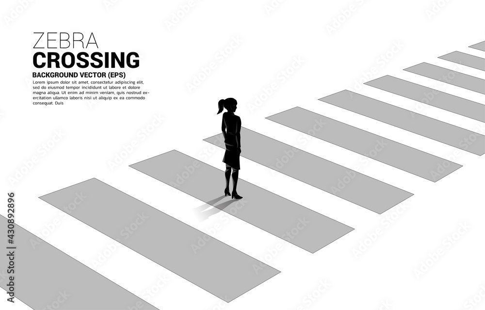 Silhouette of businesswoman standing on zebra crossing. Concept of safe zone and business road map.