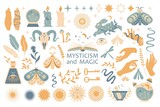 Set of magic symbols, esoteric witch tattoos. Collection of crescent moon, sun with face, hands, plants, magic ball and stars, crystals. Vector flat mystic vintage illustration. Boho design for card
