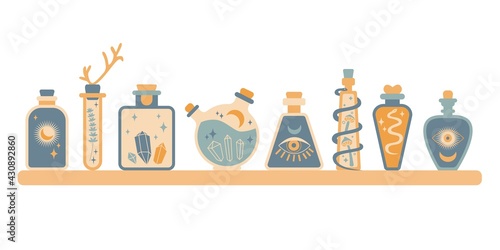 Set of bottle silhouette with magic elixir, poison with sun, moon, snake, mushroom, eye, gem. Boho potion bottle silhouette. Occult vector illustration. Alchemy design element. Esoteric mystic poster