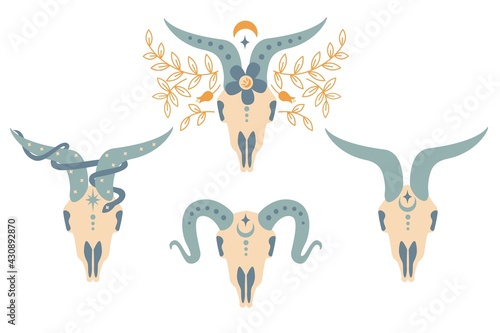 Set of Magic vintage  ram skull with flower, branch of leaves, moon, star, snake isolated on white . Vector flat illustration. Bohemian design for tribal design, invitation, web, textile, wallpaper