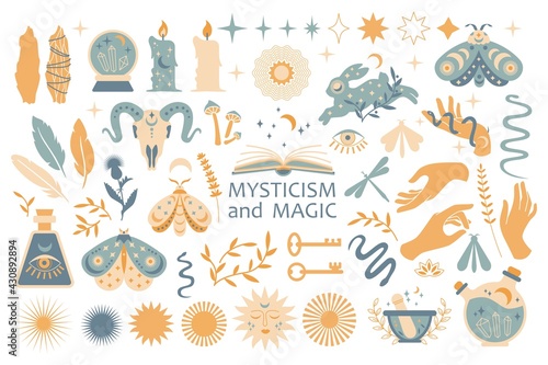 Set of magic symbols, esoteric witch tattoos. Collection of crescent moon, sun with face, hands, plants, magic ball and stars, crystals. Vector flat mystic vintage illustration. Boho design for card photo