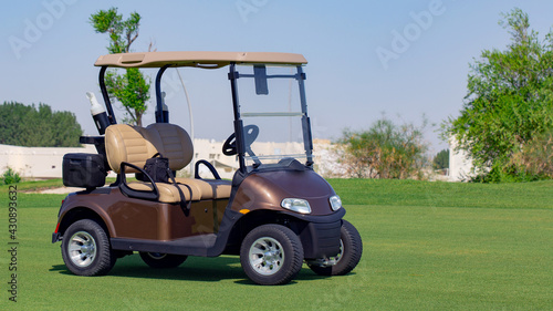 A row of electric golf carts on a golf course.