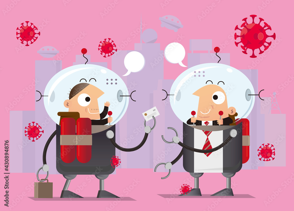Conceptual illustration of a future world under an outbreak of a pandemic disease. People wears protective suit outdoor to meet with each other. Conceptual illustration of a future world under an outbreak of a pandemic disease. People wears protective suit outdoor to meet with each other.
