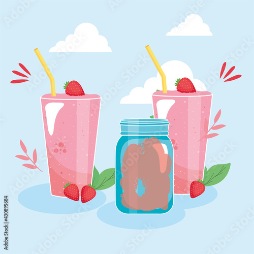 strawberries glasses and jar