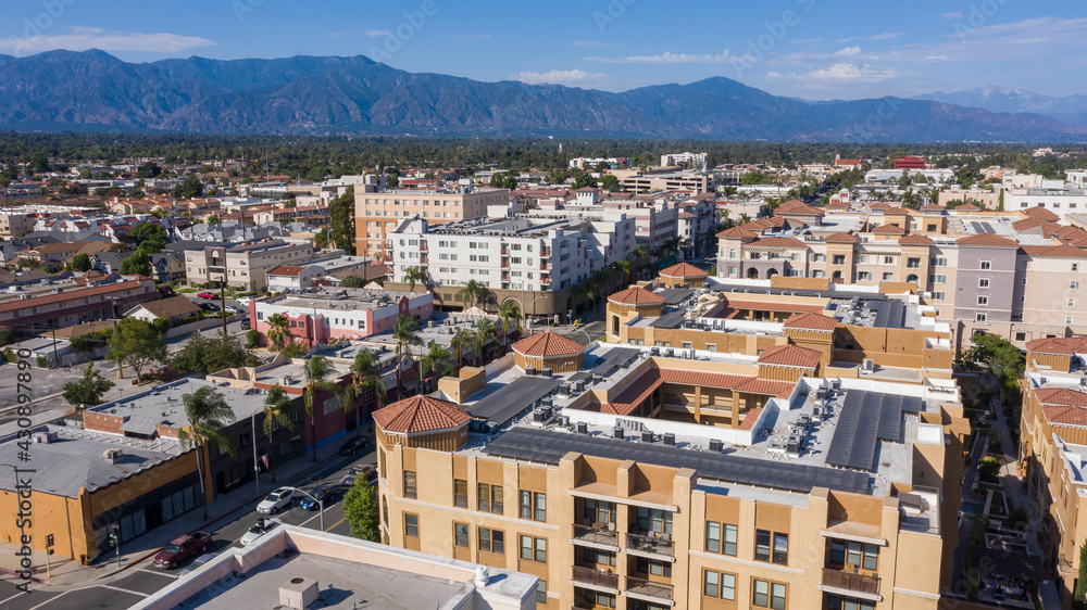 Aerial view of downtown center of Alhambra, California.