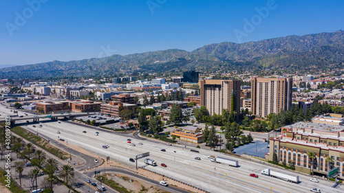Aerial view of the downtown area of Burbank, California, USA.