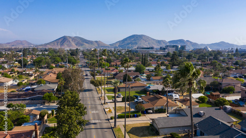 Daytime aerial view of housing in Fontana, California, USA.