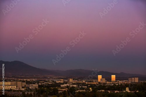 Sunset aerial view of the downtown skyline of Irvine, California, USA.