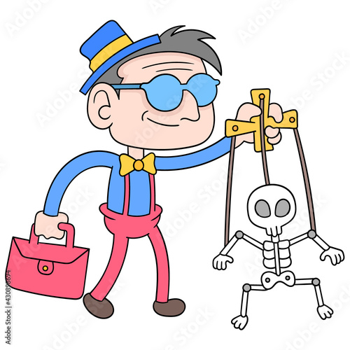 The old man was moving a marionette doll in the shape of a skull, doodle icon image kawaii