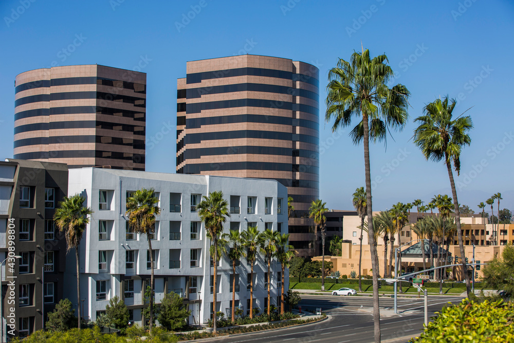 Daytime palm tree framed skyline view of Irvine, California, USA. 