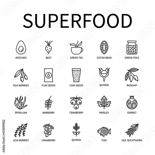 Superfood Line Icon In A Simple Style. Avocado Green Tea Pomegranate Chia Fish Beetroot Cocoa Quinoa Parsley Barberry Cranberry Rosehip Are Presented. A set of vector icons