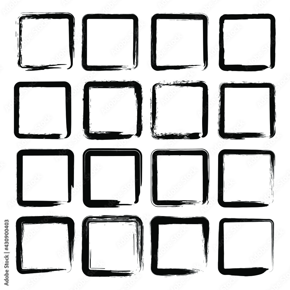Set of black grunge square brush shapes. Vector illustration. Distress texture. Ink brush strokes. Dirty artistic design element for text frames, post stamps, banners, posters and abstract background Set of black grunge square brush shapes. Vector illustration. Distress texture. Ink brush strokes. Dirty artistic design element for text frames, post stamps, banners, posters and abstract background