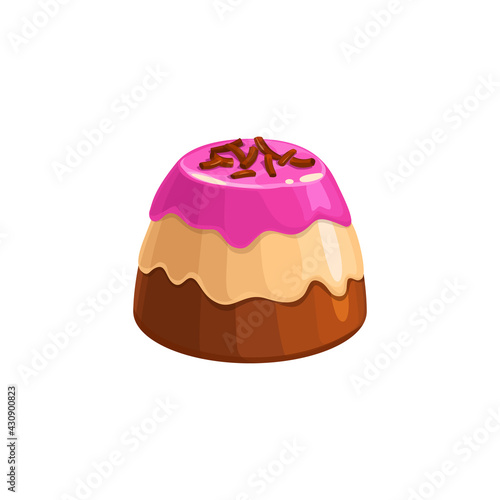 Chocolate candy, sweet dessert truffle or praline in caramel glaze, vector isolated icon. Chocolate box confection variety, dark and mil chocolate candy with berry fruit topping